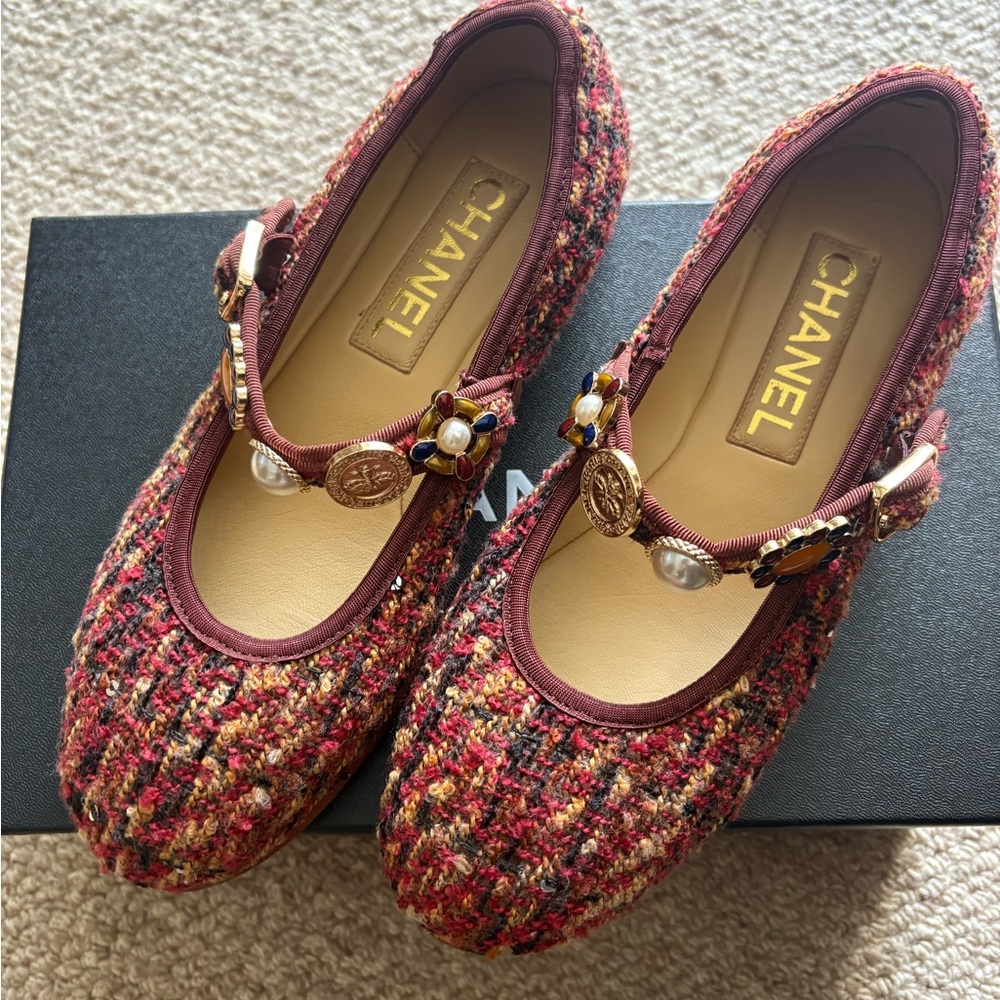 CHANEL Multicolor Tweed Mary Jane Flats with Gold-Tone Embellishments